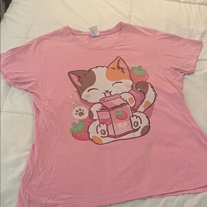 Port and Company Pink Short Sleeve Tee with Cute Strawberry Cat Graphic